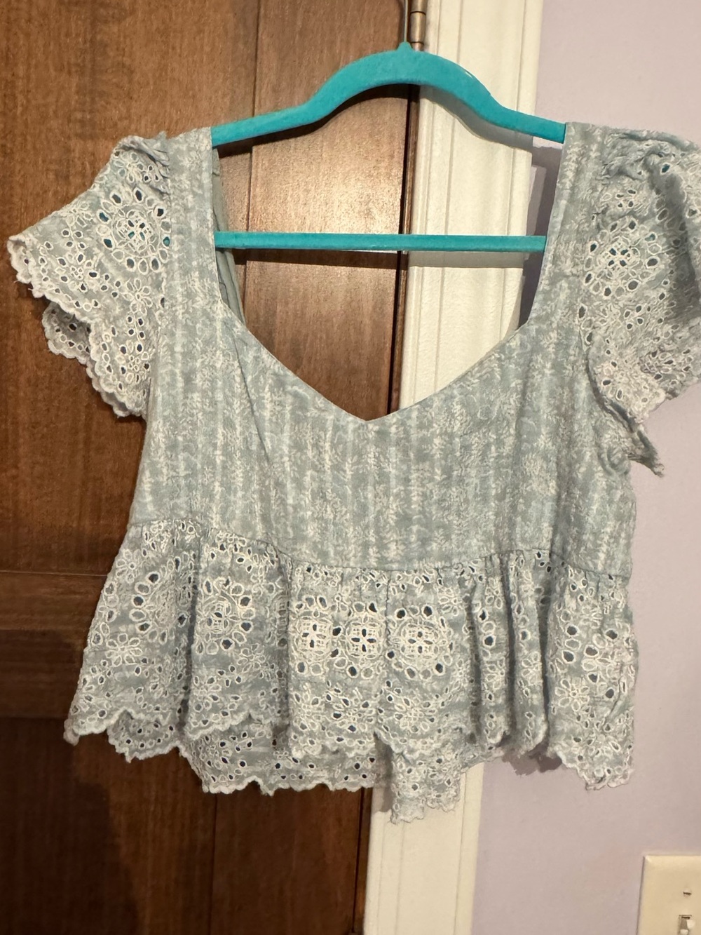 American Eagle Outfitters Light Blue Eyelet Peplum Crop Top